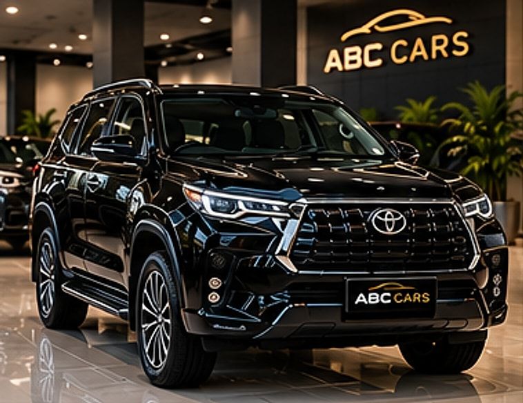 Pre-owned black Toyota Fortuner on display at the ABC CARS showroom in Kerala
